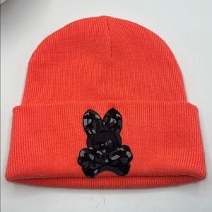 PSYCHO BUNNY Neon Coral Knit Beanie